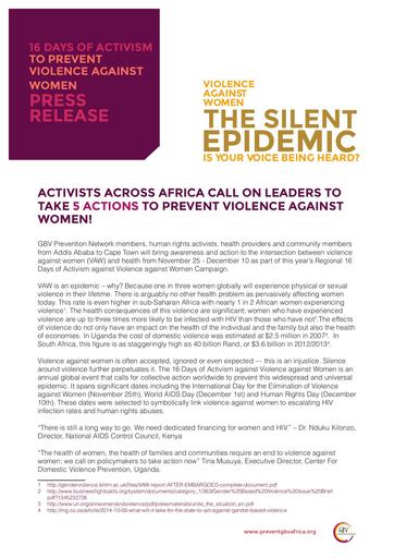 16 Days of Activism against Violence against Women Press Release